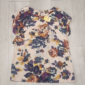 Floral Short-Sleeve Blouse - Neutral with Multi-Color Print